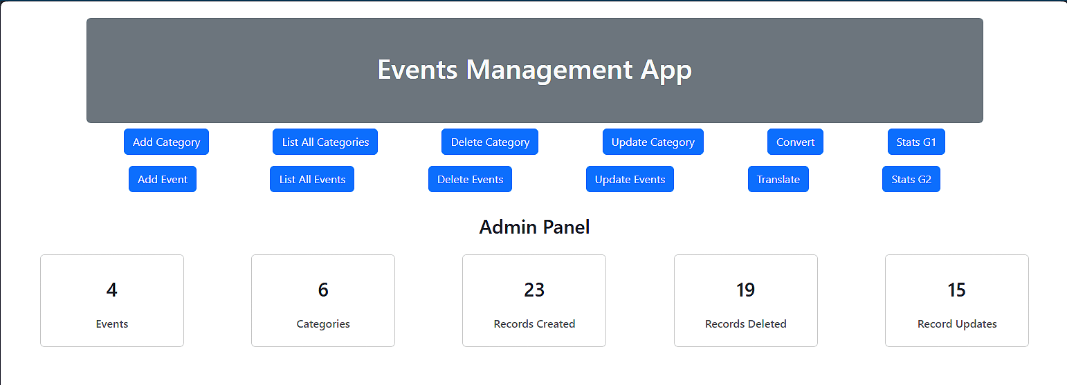 Events Management App dashboard page