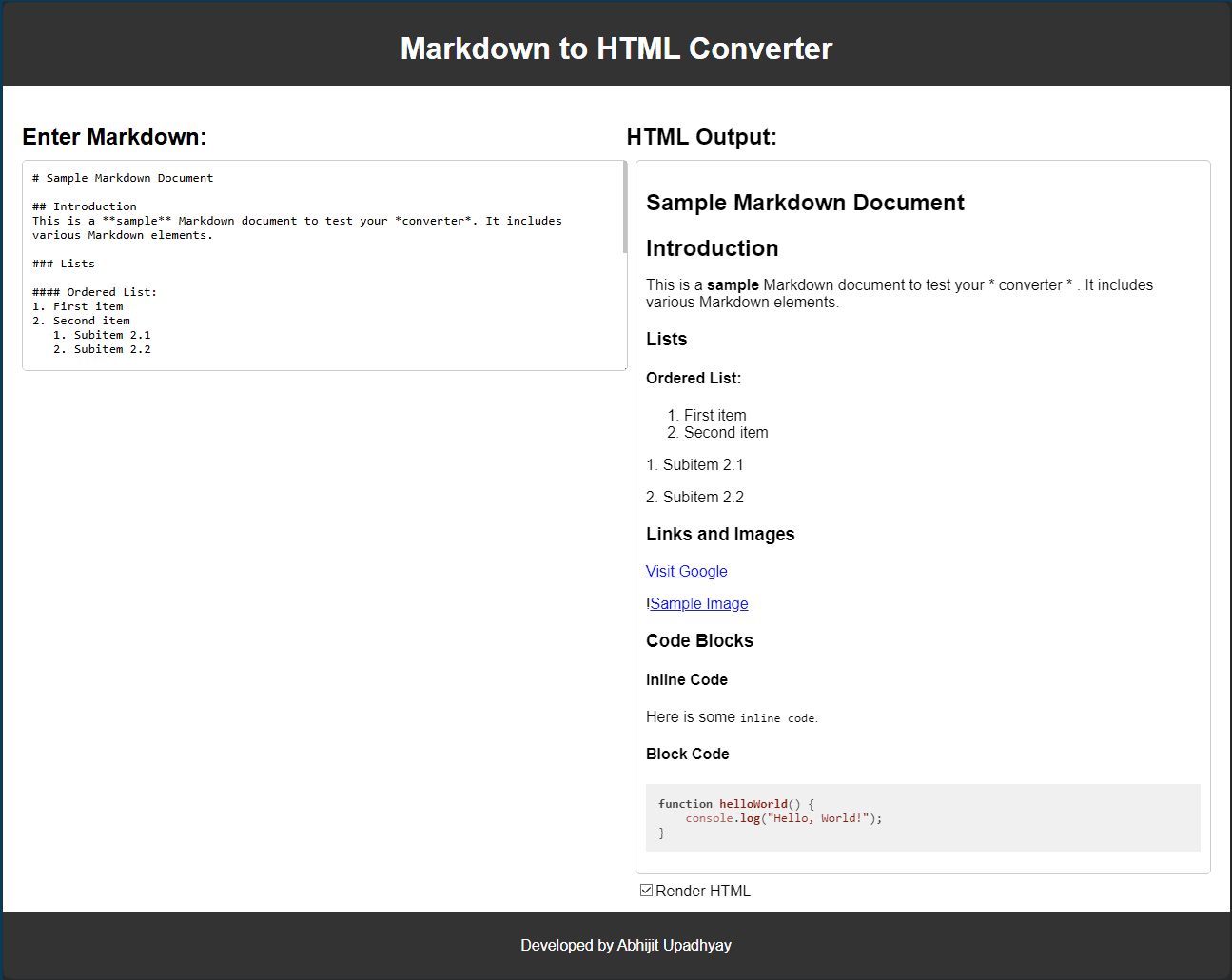 Markdown input on the left and html output on the right; screenshot of the application